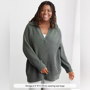 Aerie Oversized Sage V Neck Polo Chenille Sweater, size XS
